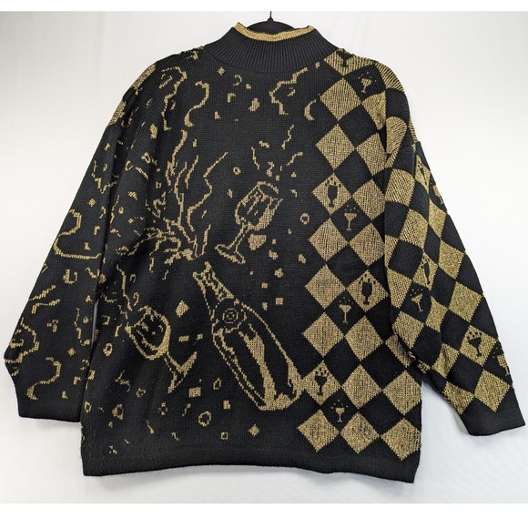 Justin Allen Sweaters - Justin Allen Vintage Black Gold Champagne Harlequin Metallic Knit Sweater USA